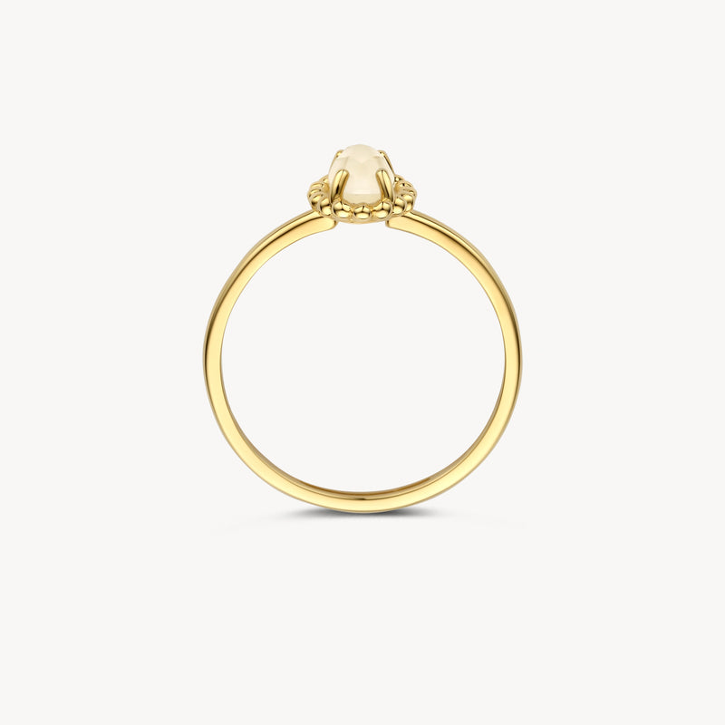 14k Gouden ring met parelmoer en bergkristal in minimalistisch ontwerp.