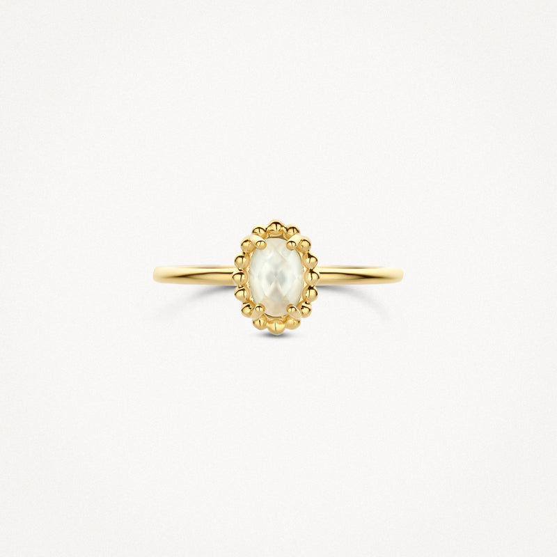 14k geelgouden ring met ovale parelmoer en bergkristal in bicolor design.