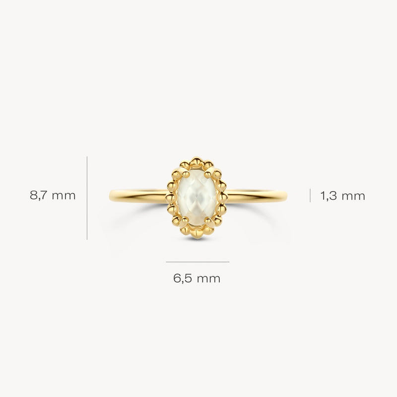 14k Goud ring met ovale parelmoer omlijst door kleine bergkristallen, smalle band.