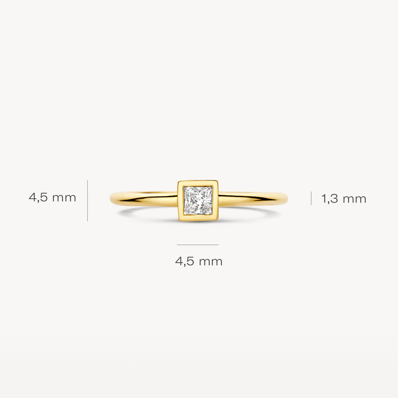 Gouden ring van 14k met vierkante zirkonia en smalle band van 1,3 mm.