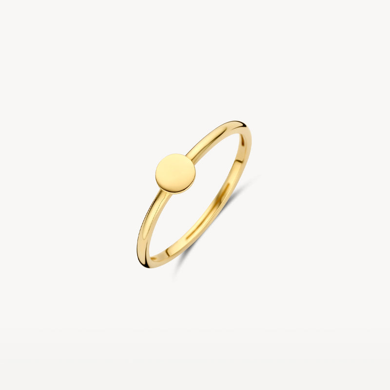 Bague fine à enfiler en or 14k avec une petite plaque ronde sur le dessus.