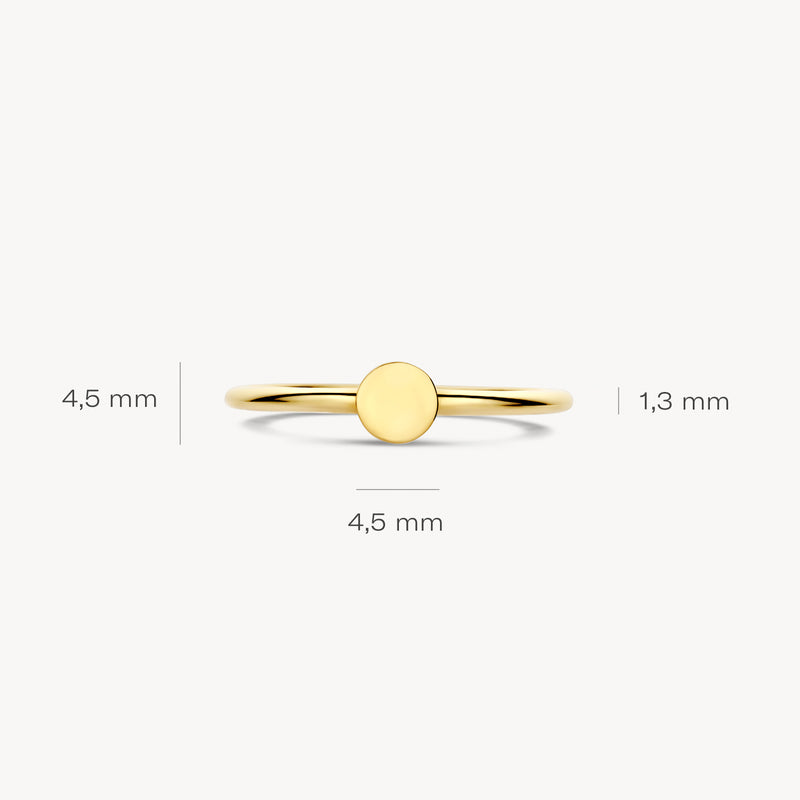 14k goud smalle ring met ronde platte schijf, 4,5 mm diameter, 1,3 mm breedte.