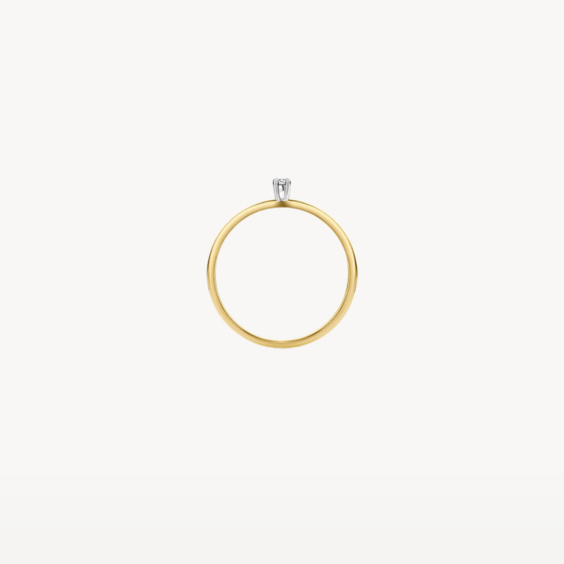 Solitaire ring van 14k goud met een diamant in wit goudzetting, bicolor goud detail.