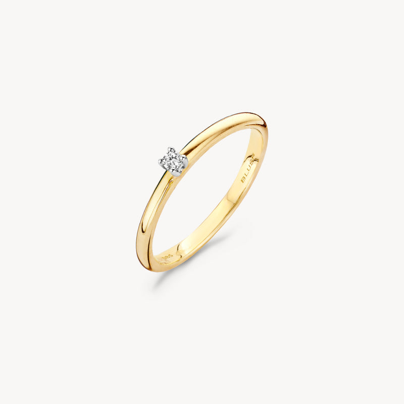 Bicolor ring met briljante natuurlijke diamant in 14k geel en wit goud.