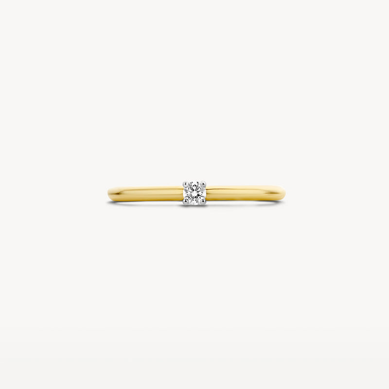 Dun solitair ringetje van 14k geel goud met ronde diamant in 14k wit goud zetting.