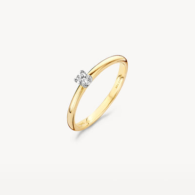 14k geelgouden ring met solitaire natuurlijke diamant in bicolor goud design.