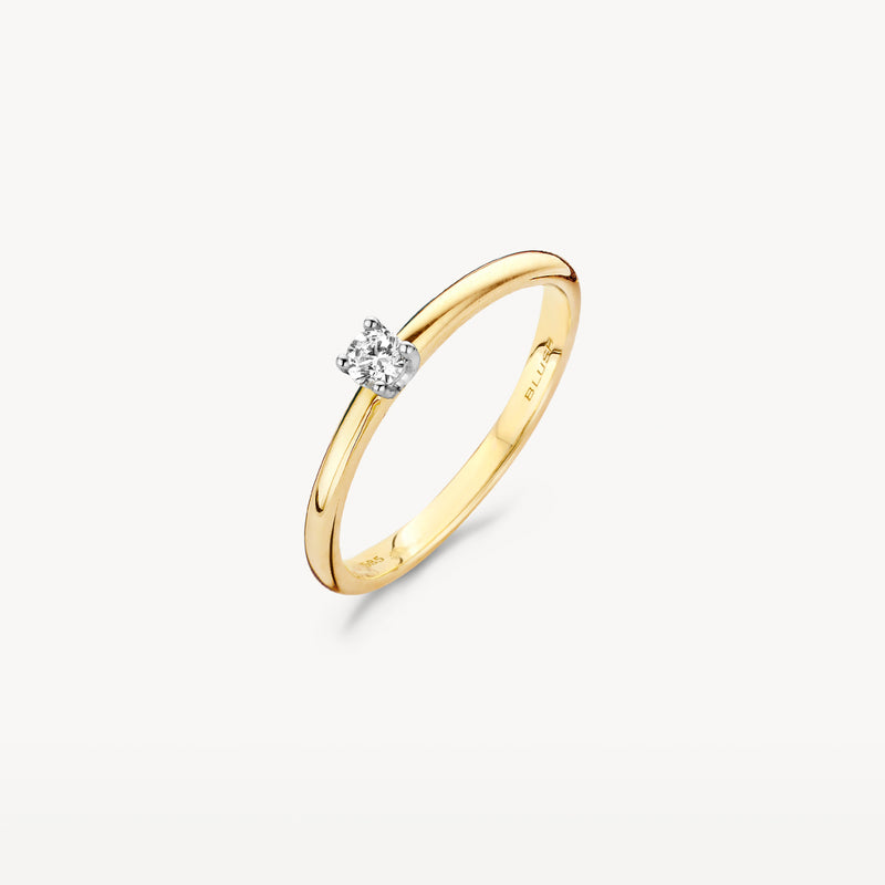 14k geelgouden ring met solitaire natuurlijke diamant in bicolor goud design.