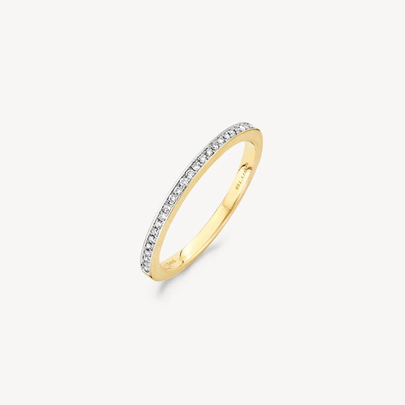 Bicolor ring met 14k geel goud en rij van kleine diamanten in wit goud.