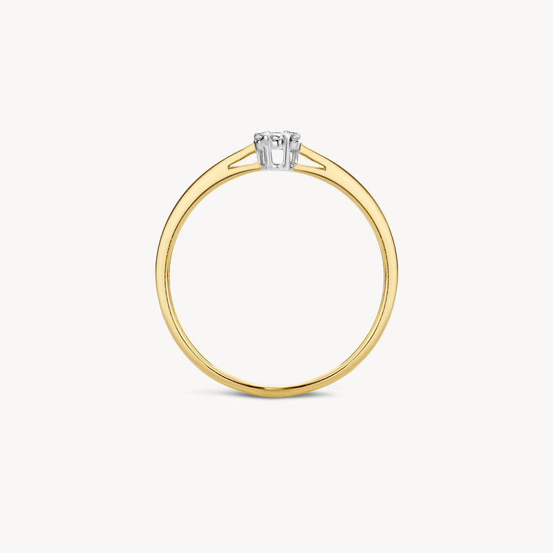 14k geelgouden ring met ronde diamant in witgouden zetting.