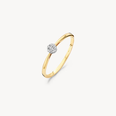 Slanke ring van 14k geel goud met centrale natuurlijke diamant in wit goud zetting.