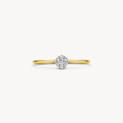 14k geelgouden ring met enkele briljante geslepen diamant in klassiek ontwerp.
