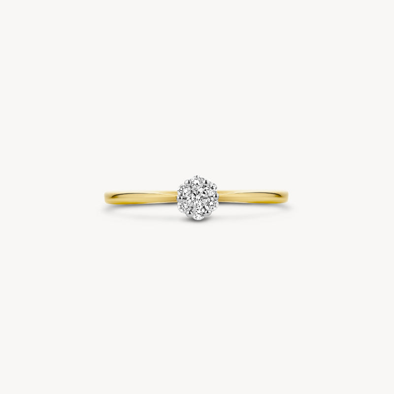 14k geelgouden ring met enkele briljante geslepen diamant in klassiek ontwerp.