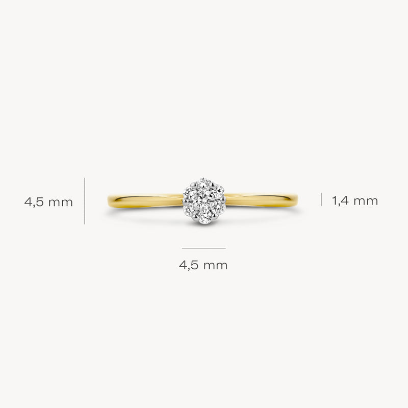 14k geelgouden ring met ronde natuurlijke diamant en fijne band van 1,4 mm.