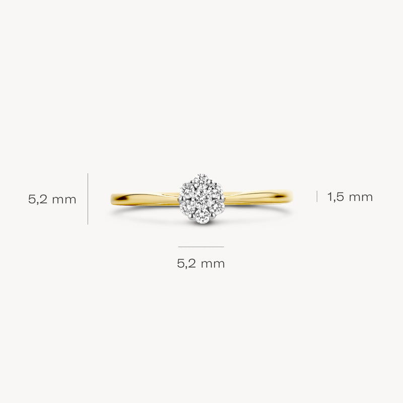 14k geelgouden ring met ronde natuurlijke diamant en smalle band van 1,5 mm.