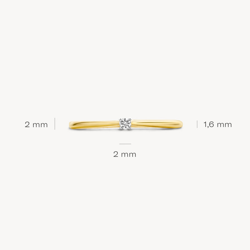 14k geelgouden slanke ring met centrale briljant geslepen diamant en witte goudaccenten.