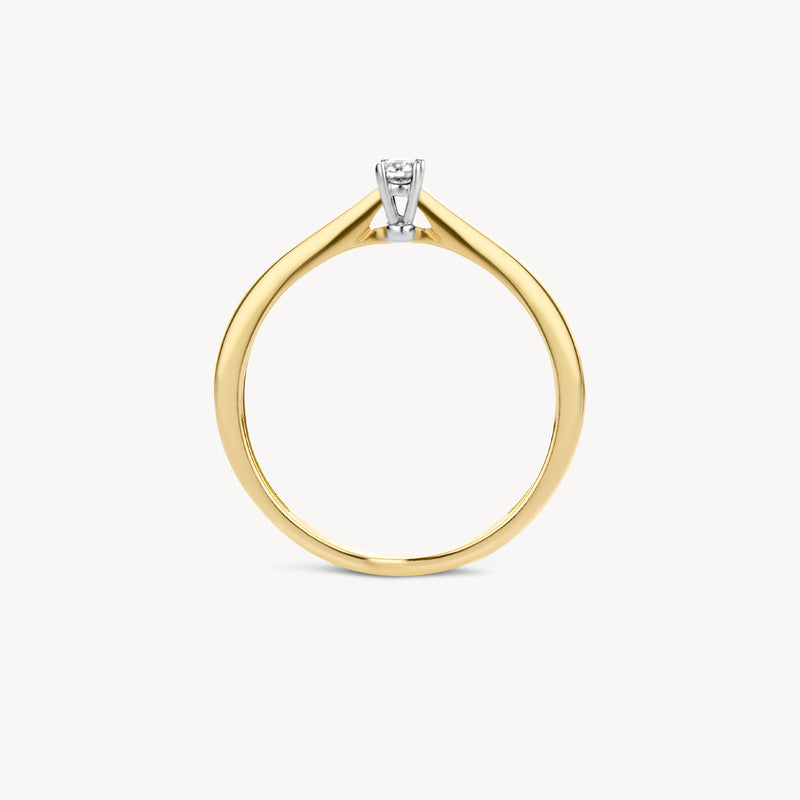 Ring met solitair diamant gezet in 14k geel en wit goud, fijne band.