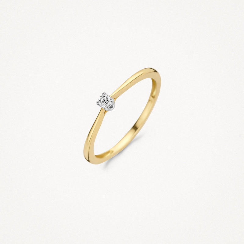 Solitaire ring van 14k geel en wit goud met een enkele diamantdetail.