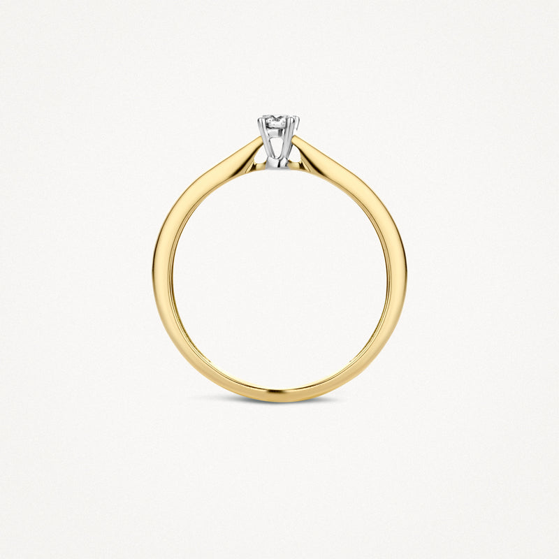 14k geelgouden solitair ring met 14k witgouden zetting en diamant.