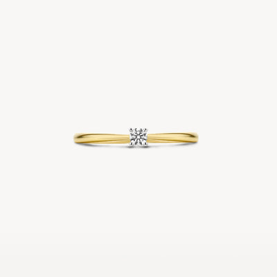 Bicolor solitair ring met ronde diamant in 14k geel en wit goud.