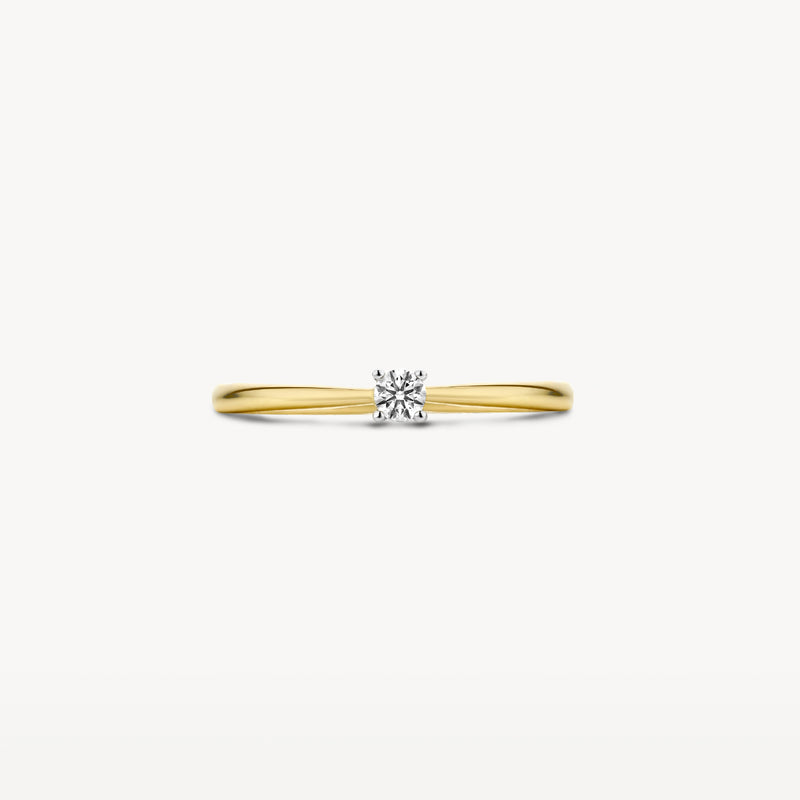 Bicolor solitair ring met ronde diamant in 14k geel en wit goud.