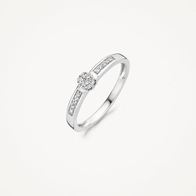 14k wit gouden ring met centrale diamant en rij kleine diamanten in de band.