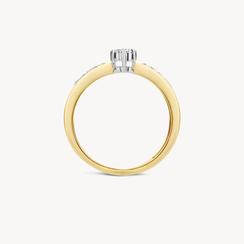 14k geel goud ring met 14k wit goud zetting en natuurlijke diamant bovenop.