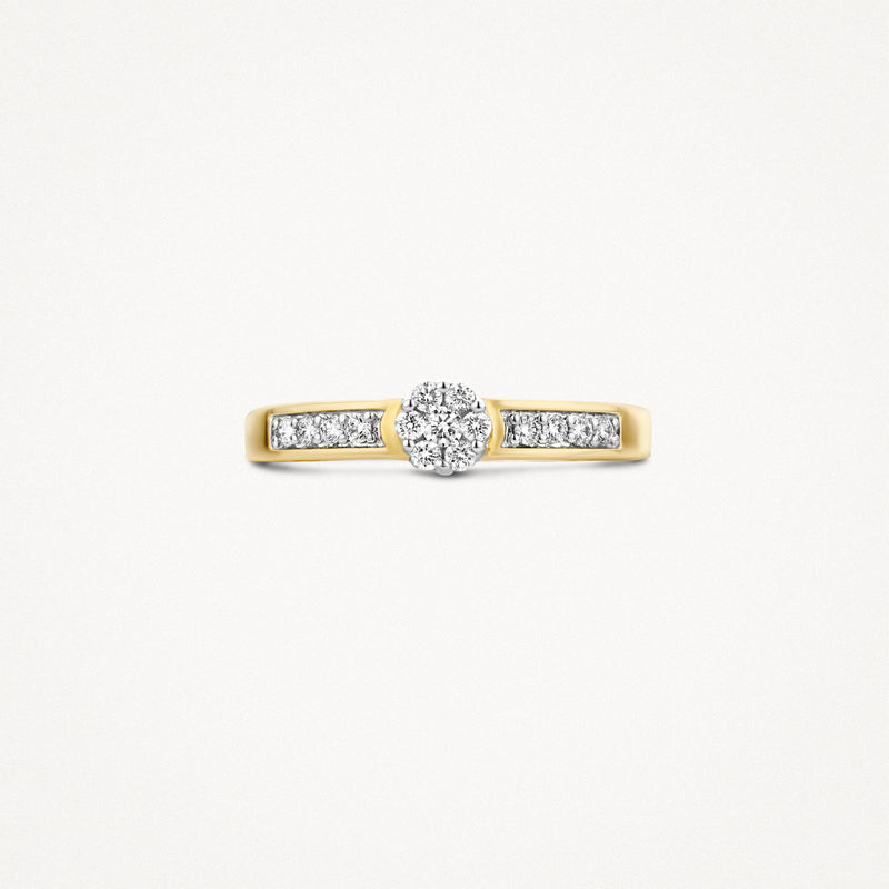 Bicolor ring van 14k goud met centrale natuurlijke diamant en zijkanten met kleine diamanten.