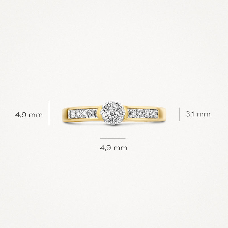 14k geel goud ring met centrale diamant en zijstenen in 14k wit goud, 4,9 mm breedte.