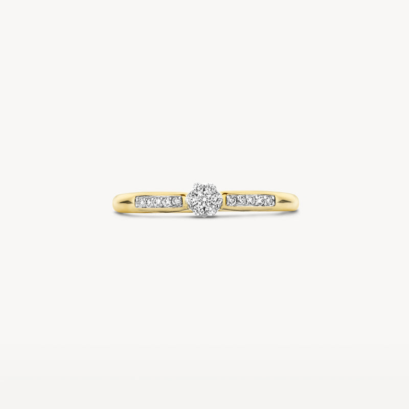 Bicolor ring met ronde diamant centraal, 14k geel en wit goud, fijne band.