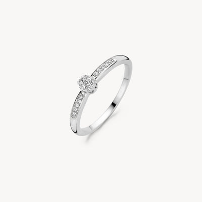 14k wit gouden ring met centrale diamant en zijstenen in subtiel ontwerp.