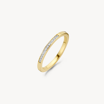Dunne aanschuifring van 14k geel goud met rij diamanten in pavé zetting.