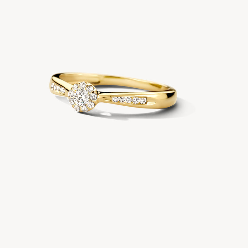 Gele 14k goud ring met centrale diamant en kleine zijdiamanten in bloemvorm.