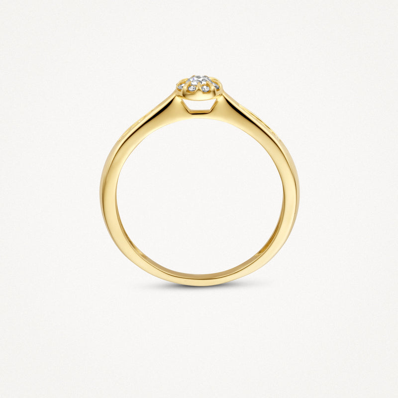 Diamanten ring in 14k geelgoud met ronde natuurlijke diamant in verhoogde zetting.