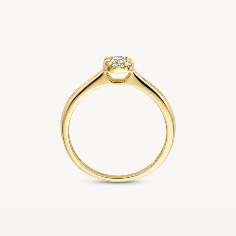 14k geelgouden ring met enkele zetting en fonkelende diamant bovenop.