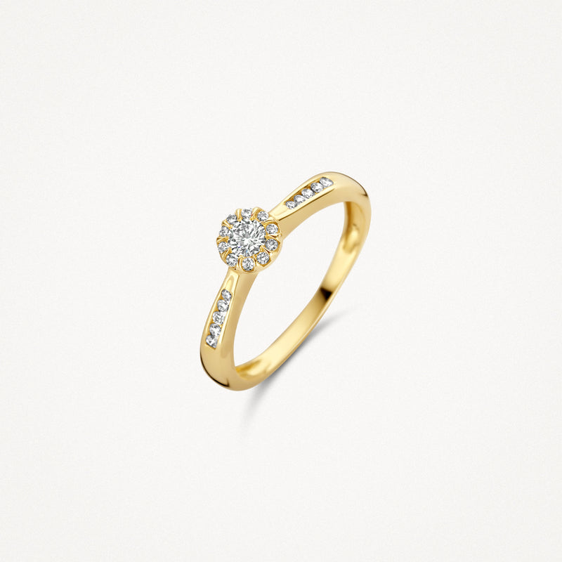 14k geelgouden ring met cluster van natuurlijke diamanten en diamanten op de band.