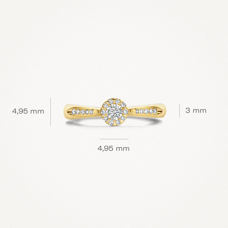 14k geelgouden ring met centrale diamant en kleinere diamanten op band, 4,95 mm breedte.