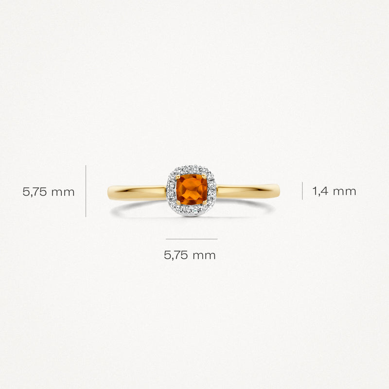 14k geel en wit goud ring met vierkante citrien en kleine diamanten rondom, smal model.