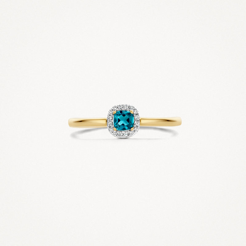 14k geel goud ring met london blue topaz en diamant halo in wit goud.