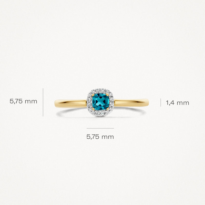 14k geelgouden ring met london blue topaz en diamanten in witgouden setting, 5,75 mm vierkant design.