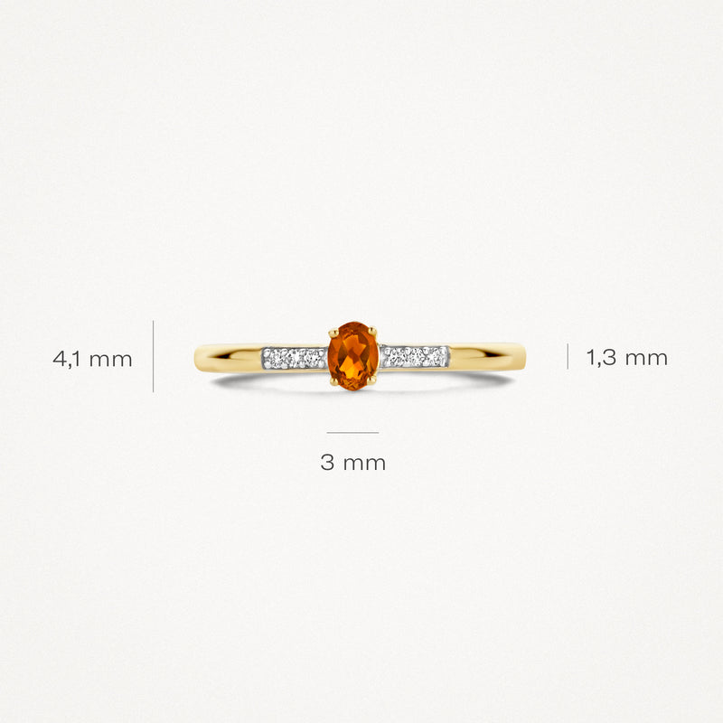 14k geel en wit goud ring met ovale citrien en kleine diamanten, smal ontwerp.
