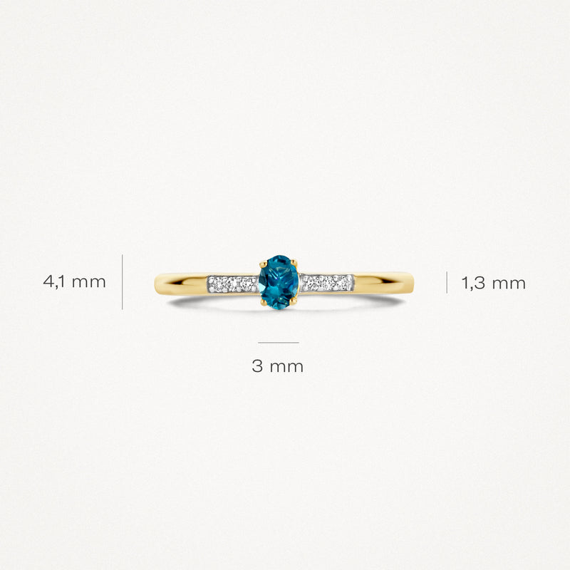 14k geelgouden ring met ovaal london blue topaz en kleine diamanten aan zijkanten.