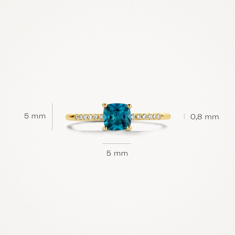 14k geelgouden ring met 5 mm london blue topaz en diamanten zetting.