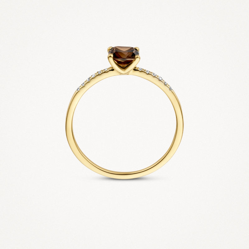 585er Gelbgold Ring Mit rundem Rauchquarz und kleinen Diamantakzenten an der Seite.