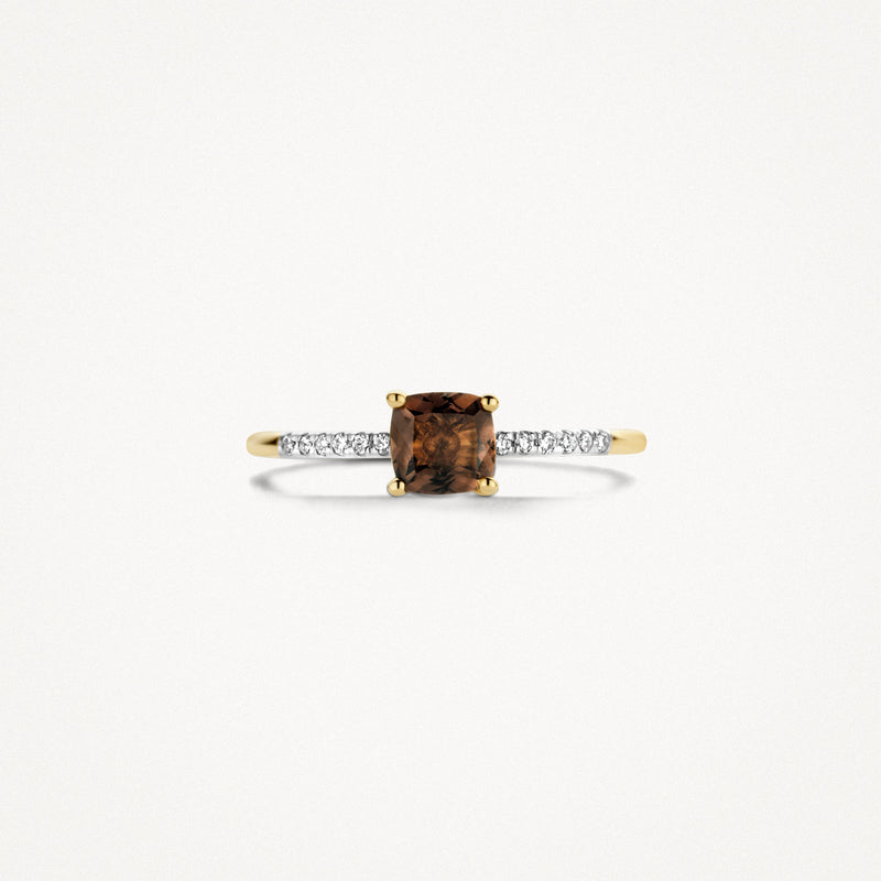 585er Gelbgold Ring Mit quadratischem Rauchquarz und diamantenen Akzenten an den Seiten.