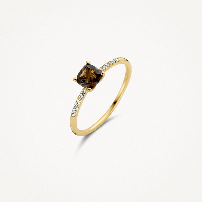 585er Gelbgold Ring Mit quadratischem Rauchquarz und kleinen Diamanten auf dem Band.