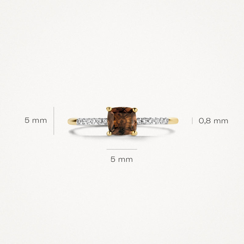 585er Gelbgold Ring Mit quadratischem Rauchquarz und kleinen Diamant-Akzenten.
