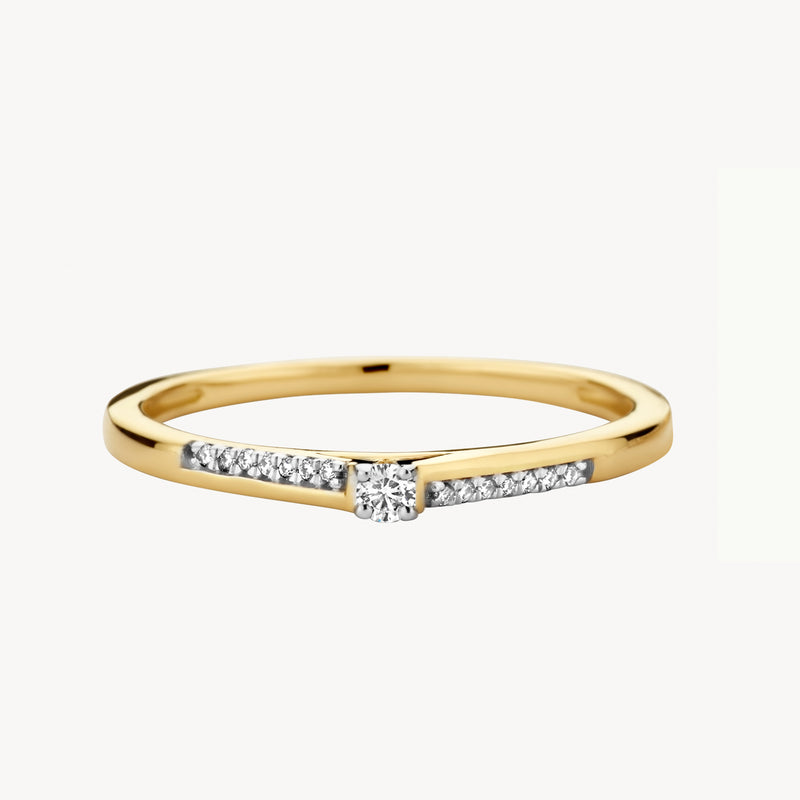 Bicolor ring met 14k geel goud en 14k wit goud, centrale diamant en rij diamanten aan de zijkanten.