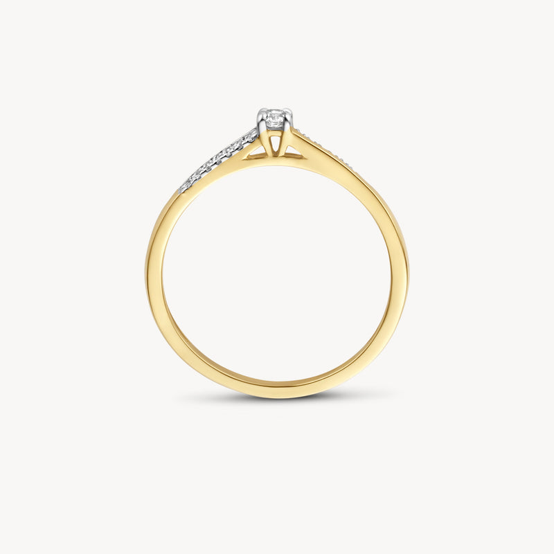 Bicolor ring met 14k geel en wit goud en een centrale diamant bovenop de band.
