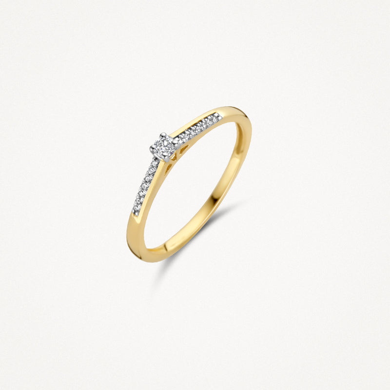 14k goud ring met centrale diamant en zijstenen in 14k wit goud, bicolor ontwerp.