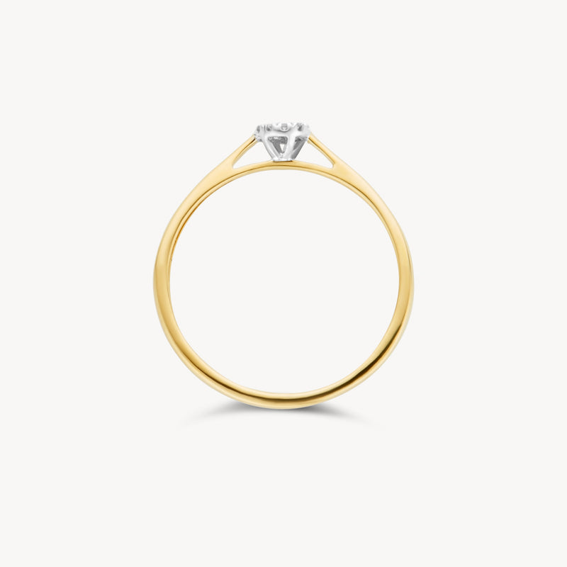 Bicolor ring met briljante solitaire diamant in 14k geel en wit goud, slanke band.